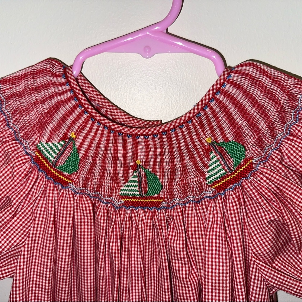 Red Checkered Kids Dress with Sailboat Embroidery